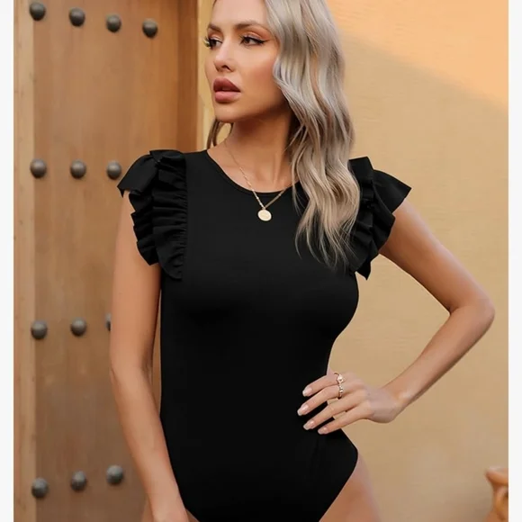 Amazon Missufe Flutter Sleeve Bodysuit Ribbed Black Skims Casual Shapewear - Picture 9 of 16